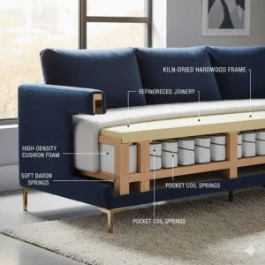 Diagram showing the kiln-dried hardwood frame inside a high-quality velvet sofa for long-lasting support.