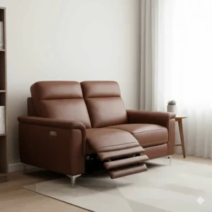A wall-hugger leather reclining sofa designed to fit in small apartment spaces.