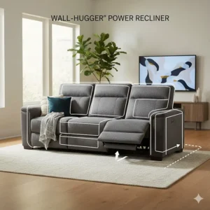 Diagram showing the space-saving wall-hugger design of a power reclining sofa requiring only a few inches of wall clearance.