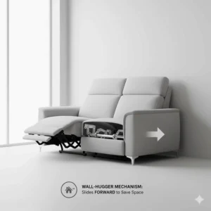 Illustration showing a wall-hugger reclining sofa for small spaces that slides forward to save floor room.