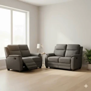 A wall-hugger reclining sofa and loveseat set designed to fully recline while placed close to the wall.