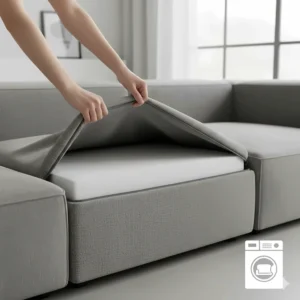 An illustration showing how to unzip and remove washable covers from a modular pet-friendly sofa.
