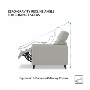 Diagram showing the ergonomic zero-gravity position of a compact reclining sofa.