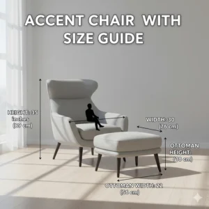 Illustration showing the height and width dimensions of a standard accent chair with ottoman.