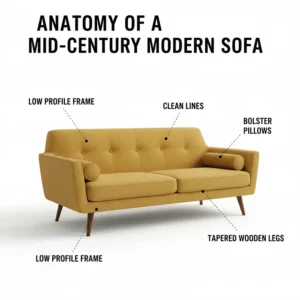 A diagram highlighting the clean lines, low profile, and bolster pillows of a mid-century modern sofa.