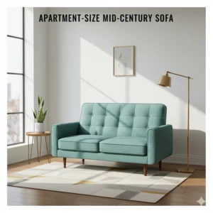 Illustration of a compact two-seater mid-century modern sofa in a small apartment layout with a gold floor lamp.
