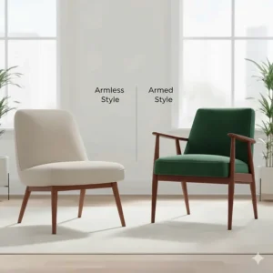 Comparison between an armless slipper style and a traditional armed mid century accent chair.