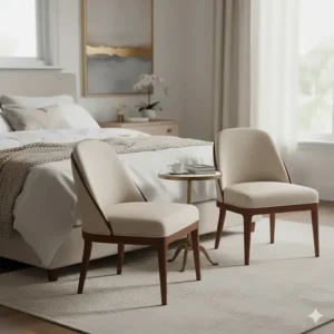 Neutral toned upholstered accent chairs placed at the foot of a bed in a master suite.