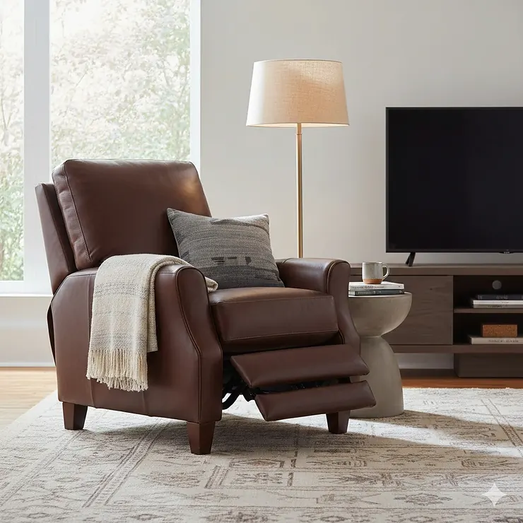 A luxurious top-grain leather recliner chair styled in a modern living room setting. best leather recliner