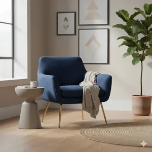 Navy blue velvet accent chair for living room decor with gold metal legs.