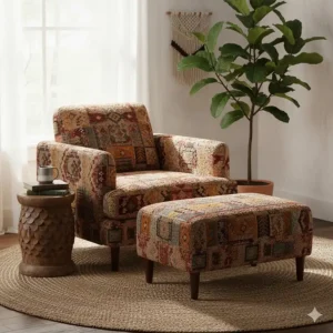 Bohemian style patterned fabric accent chair and ottoman placed on a jute area rug.