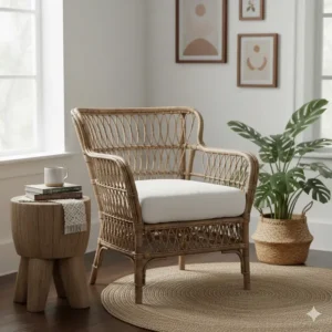 Bohemian style rattan accent chair under $200 featuring a white seat cushion.