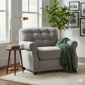 Oversized tufted fabric accent chair under $200 styled as a cozy reading nook.