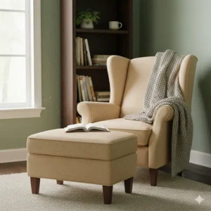 A cozy reading nook featuring a wingback accent chair with ottoman and a knit throw blanket.