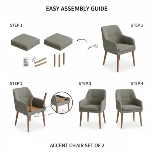 Graphic showing the simple assembly process and included hardware for a 2-piece accent chair set.