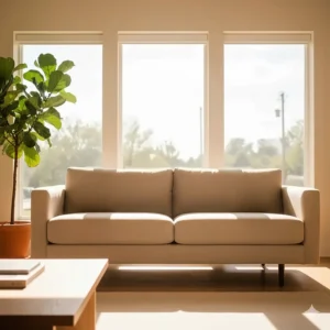 A sun-drenched living room featuring a fade-resistant performance fabric sofa placed near a large window.