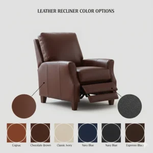 An array of popular leather recliner shades including cognac, chocolate brown, and charcoal gray.