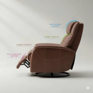 An illustration highlighting the lumbar and neck support zones of a high-quality recliner.