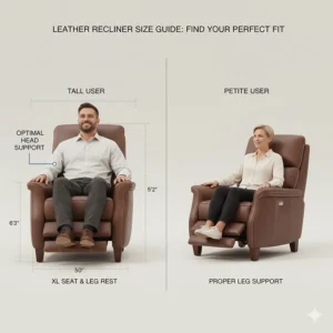 A size comparison chart showing the best leather recliner dimensions for tall versus short users.