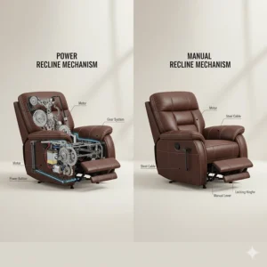 Diagram showing the internal components of a power recline mechanism versus a manual lever.