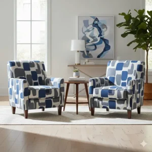 A set of two matching patterned accent chairs for living room symmetry facing a coffee table.