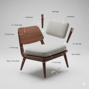 Illustration of the easy assembly process for a mid century accent chair showing the screw-in tapered legs.