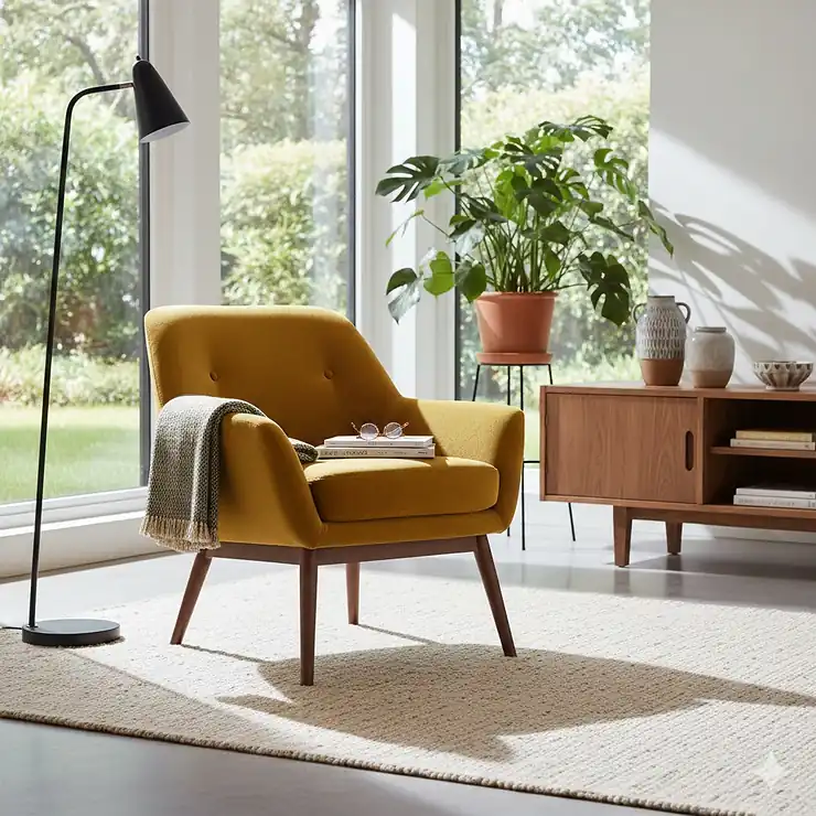 A mustard yellow mid century accent chair with tapered wooden legs in a bright, modern living room.