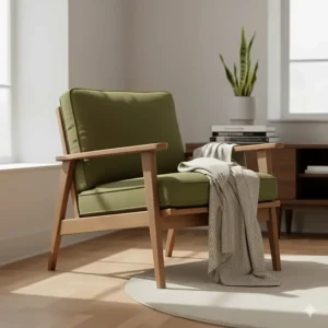 Mid-century modern wooden accent chair with olive green cushions in a bright living room.