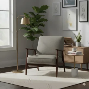 Mid-century modern wooden accent chair with gray fabric upholstery priced under $200.