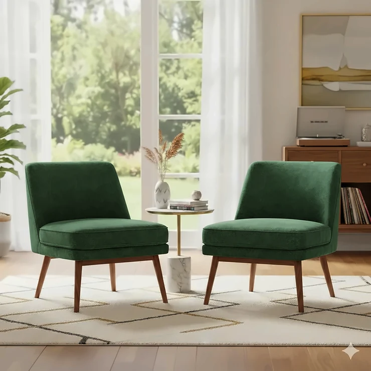 Two mid-century modern accent chairs with wooden legs arranged in a bright, contemporary living room. accent chair set of 2