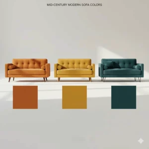 A color palette guide featuring popular mid-century modern sofa hues like burnt orange, mustard yellow, and teal.