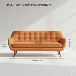 A technical drawing showing the standard height and depth measurements of a classic mid-century modern sofa.