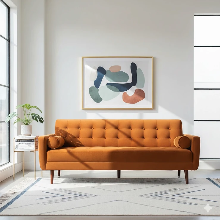 A tufted velvet mid-century modern sofa in a bright, minimalist living room with tapered wooden legs. mid century modern sofa