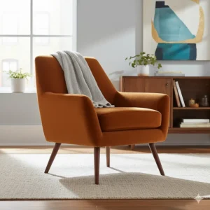 Mid-century modern velvet accent chair in burnt orange with tapered wooden legs.
