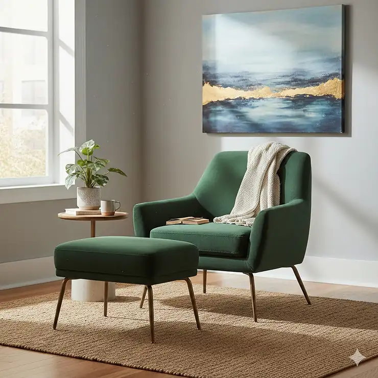 A modern velvet accent chair with matching ottoman positioned in a bright, sunlit living room corner.
