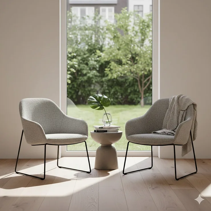 A stylish pair of modern accent chairs for living room seating arranged near a window.