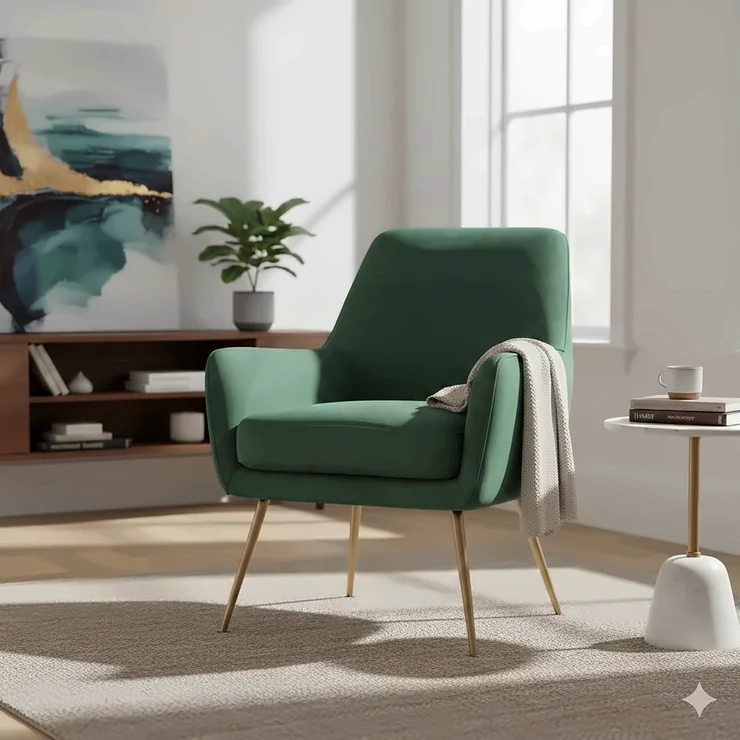 A modern emerald green velvet accent chair with gold legs styled in a contemporary living room.