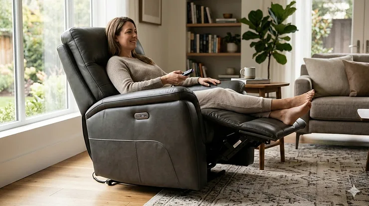 Comfortable modern grey leather power recliner chair in a well-lit living room.