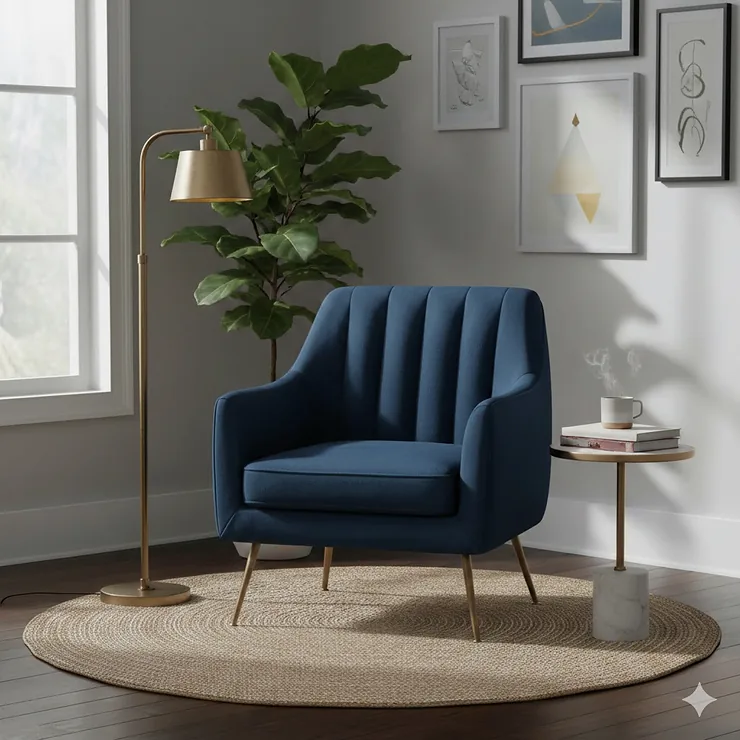 A stylish navy blue velvet accent chair under $200 styled in a modern living room corner with a gold floor lamp.