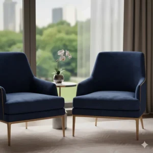 Pair of navy blue velvet accent chairs with gold metal legs for a luxury interior.