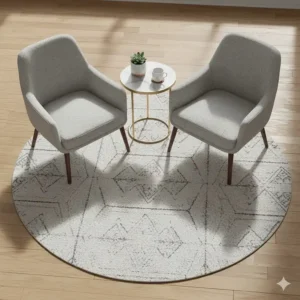 Top-down view of a set of 2 accent chairs arranged around a small circular side table.