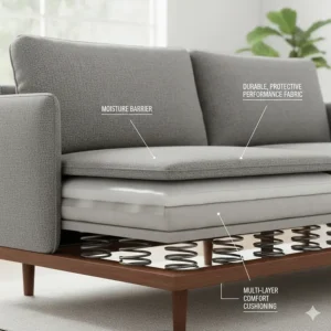 Diagram illustrating the moisture barrier and protective layers of a performance fabric sofa.