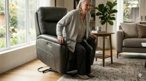 Illustration of a power lift recliner chair assisting a person to a standing position.