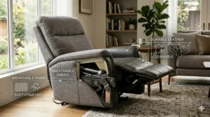Comparison of breathable fabric and durable leather upholstery options for a power recliner chair.