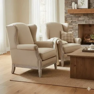 Rustic wingback accent chair set of 2 featuring linen upholstery and weathered wood finish.