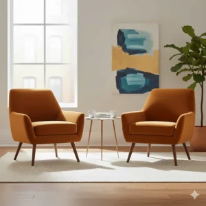 A pair of matching mustard yellow velvet accent chairs arranged around a small marble coffee table.