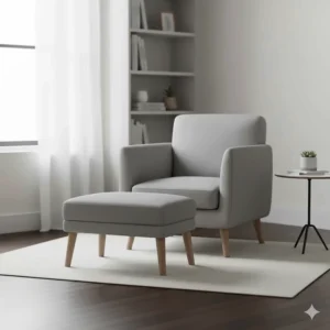 Compact grey fabric accent chair with ottoman set designed for small apartment living rooms.