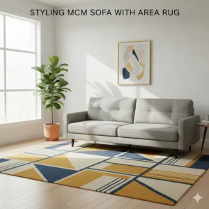 Illustration of a grey mid-century modern sofa paired with a geometric pattern area rug in a sunlit room.