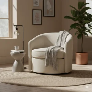 Cream-colored upholstered swivel accent chair placed on a round jute rug.