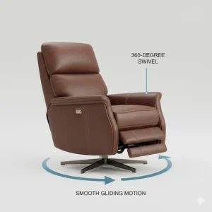 Illustration showing the 360-degree swivel and gliding base of a versatile leather chair.